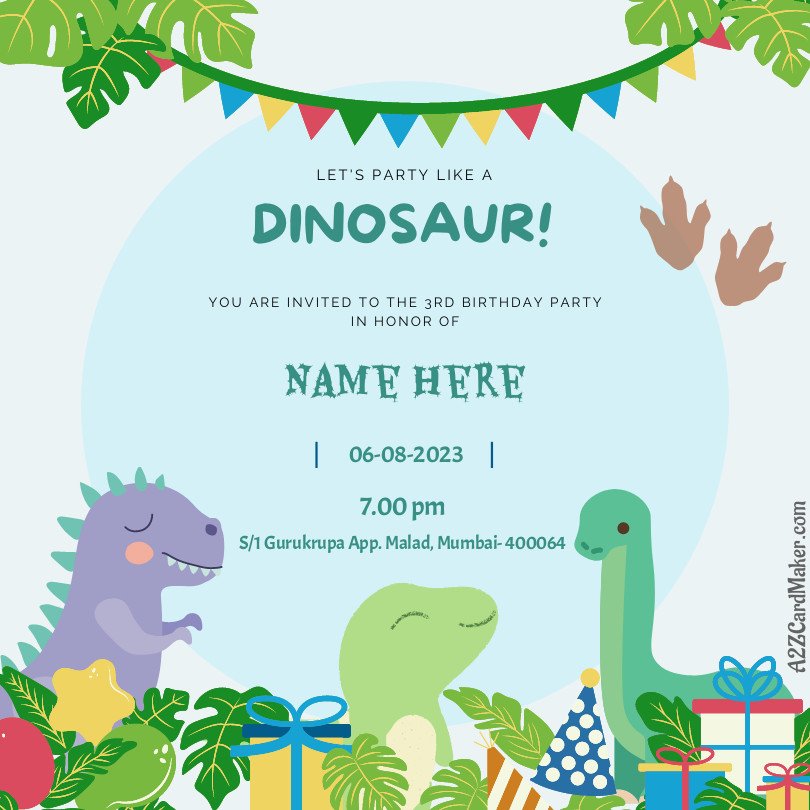 Dinosaur Theme Birthday Invitation Card with Name & Details